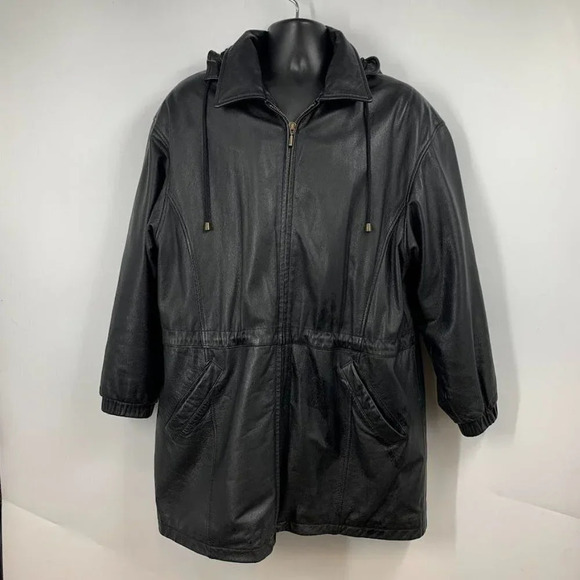 Wilsons Leather Men's Vintage 1980's Mid Length 100% Leather Hooded‎ Jacket SZ L